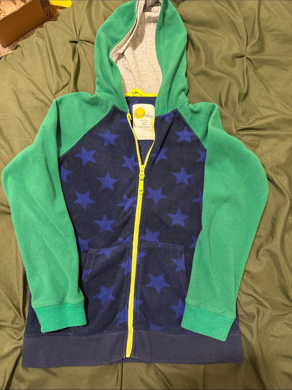 Mini Boden Green & Navy Star Zip Hoodie with Yellow Zip